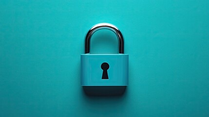 Teal Padlock Security with Privacy, and and Protection on Blue.