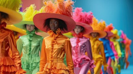 Naklejka premium Vibrant fashion parade showcasing diverse models in bold and avant-garde attire
