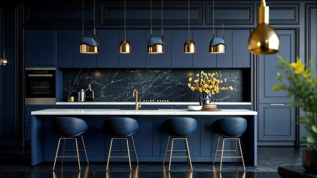 Deep blue kitchen with gold hanging lights and modern cabinets. 