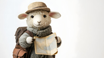 Adventurous Sheep Traveler with Map and Backpack