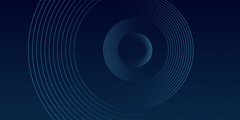 Abstract blue glowing geometric lines on dark blue background. Modern shiny blue circle lines pattern. Futuristic technology concept. Suit for cover, poster, banner, header, website.eps10