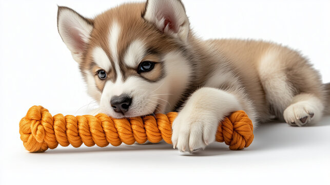 Cute puppy with fluffy fur is playfully chewing on bright orange rope toy, showcasing its playful nature and curiosity