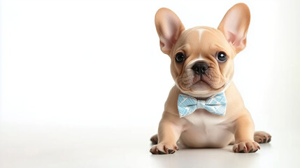 Cute puppy wearing blue bow tie poses adorably against white background, showcasing its playful and charming personality