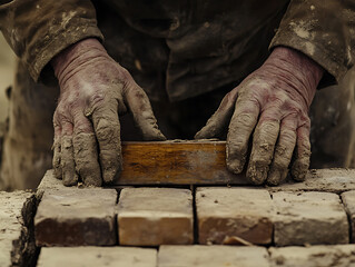 Hands of a Bricklayer Working with Clay Bricks