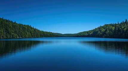 Naklejka premium Serene Tranquil Lake Surrounded by Lush Green Forests Under a Clear Blue Sky, Perfect for Nature Lovers and Outdoor Enthusiasts Seeking Peace and Relaxation