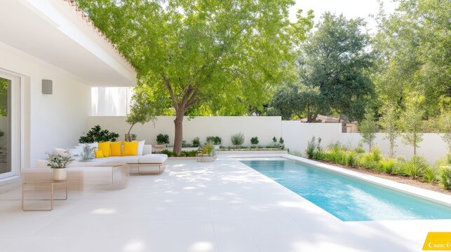 Modern Mediterranean outdoor living space with a pool.  Relaxing patio area features comfortable furniture, lush landscaping, and a sleek pool design