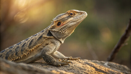 Fototapeta premium Bearded Dragon Basking in Sunlight on a Rock Wildlife Scene