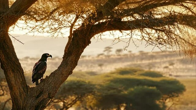 Bateleur eagle perched in a tree against the backdrop of Tsavo West landscape, A bateleur eagle rests in a tree in the Tsavo West Game Reserve