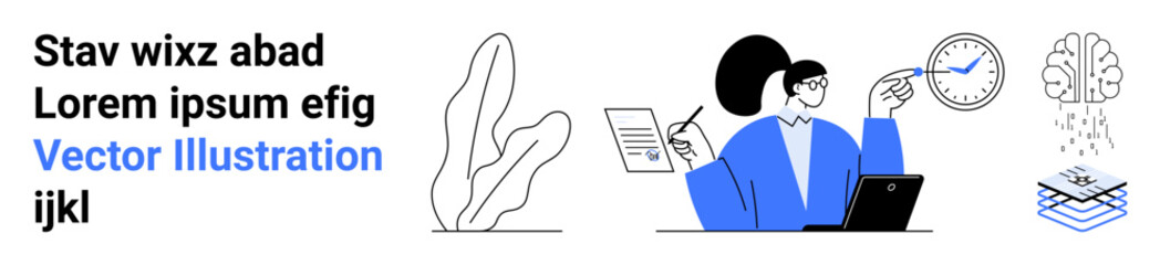 Woman in a blue blazer works with a laptop and documents while gesturing at a clock, brain, and layering icons symbolizing analytics, innovation, time management, and strategy. Ideal for business