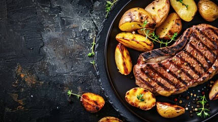 Grilled steak with roasted potatoes and herbs on a dark plate.