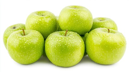 A bunch of bright green apples. Close-up shot of shiny apples piled up, perfect for a background. You can find these green apples at the market.
