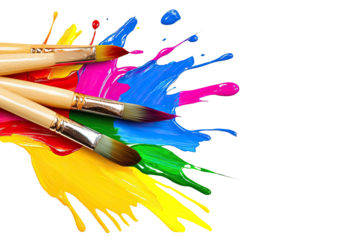 Colorful paint splashes with paintbrushes