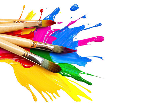 Colorful paint splashes with paintbrushes