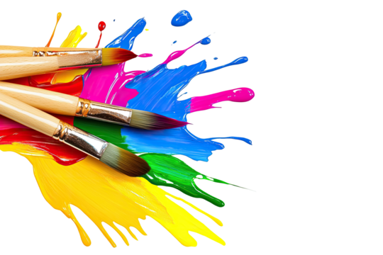 Colorful paint splashes with paintbrushes