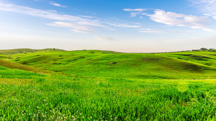 scenic view of beautiful rural landscape with green hills and fields with young grass and amazing cloudy sky on background