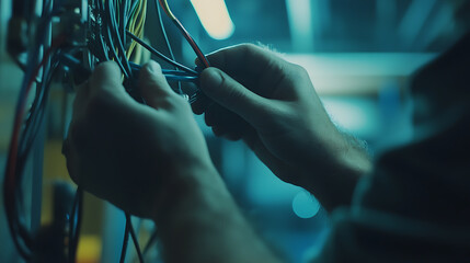 Hands Working with Electrical Wires in a Technical Environment