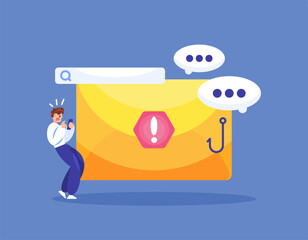 concept of fraudulent and phishing messages. notification and warning if receiving a malicious link message. prevention and protection system. illustration of a user with email. flat style design