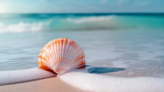 Large shell is laying on the sand at the beach. The shell is orange and white, and it is surrounded by foam. Concept of relaxation and tranquility