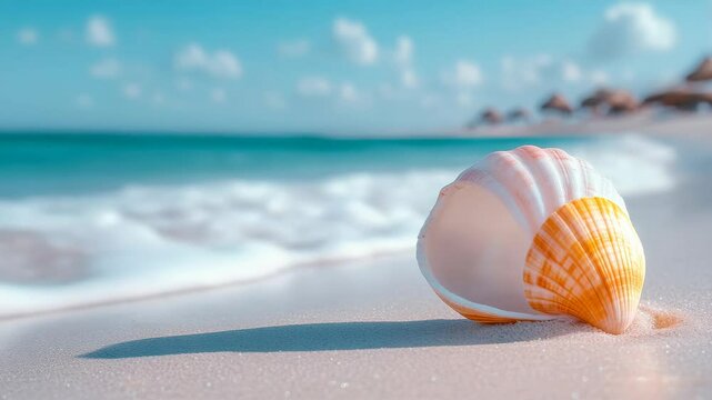 Large shell is laying on the beach, with the ocean in the background. The shell is white and yellow, and it is the only object on the beach. The scene is peaceful and serene