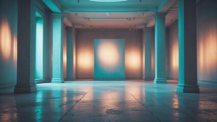 Ethereal light fills a grand hall with classical pillars, creating a stunning, atmospheric interior space perfect for concepts or backdrops