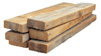 Stack of weathered light brown wooden beams lumber isolated on white background