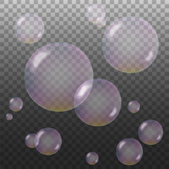 A set of colorful and colorful soap bubbles to create a design. Isolated, transparent, realistic soap bubbles on a transparent background.