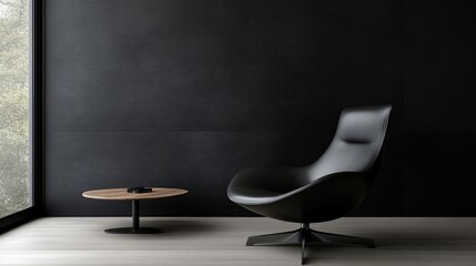 Modern minimalist interior, featuring a sleek black armchair and a small wooden coffee table against a dark textured wall, with a view of nature through large windows