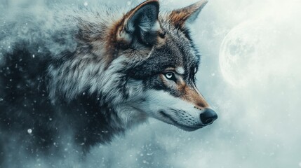 Mystical wolf portrait gazing towards the ethereal moonlight of the night sky