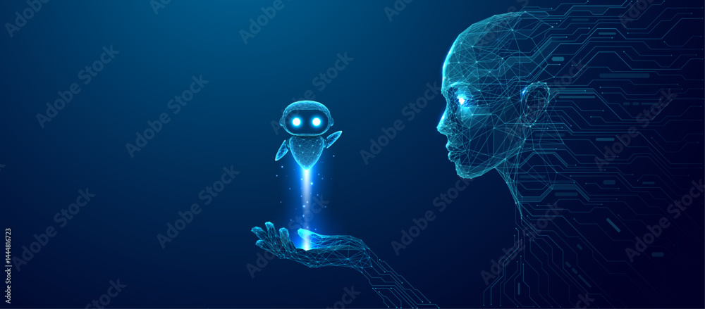 Poster AI agent or assistant concept. An abstract humanoid robot holds a cute digital hologram of futuristic bot on a palm. Artificial Intelligence innovation vector illustration. Blue technology background.
