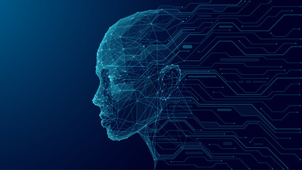 A digital human face consists of connected dots, thin lines, and triangles. The silhouette of a cyborg flows into the wires of circuit in low poly blue. AI concept. Artificial Intelligence background