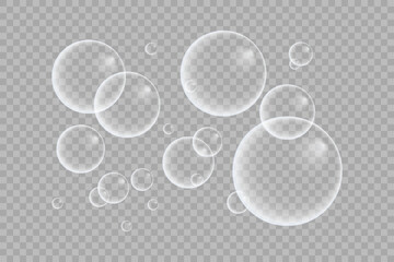 A set of colorful and colorful soap bubbles to create a design. Isolated, transparent, realistic soap bubbles on a transparent background.