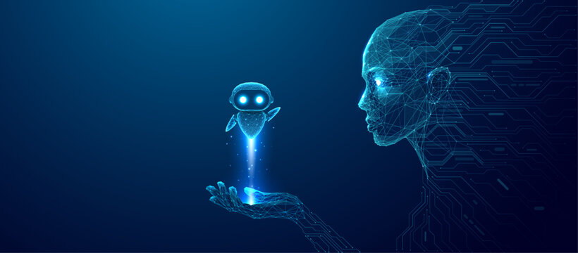AI agent or assistant concept. An abstract humanoid robot holds a cute digital hologram of futuristic bot on a palm. Artificial Intelligence innovation vector illustration. Blue technology background.