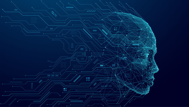 Abstract human head consists of connected dots, lines, and polygons flows into the wires of a circuit. The silhouette of a cyborg in low poly blue. AI face concept. Artificial Intelligence background.