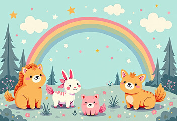 Naklejka premium Soft Pastel Cartoon Illustration for Children, Featuring a Whimsical Landscape with Rainbow, Stars, and Friendly Animals, Perfect for Nursery Art and Gentle Visual Themes 
