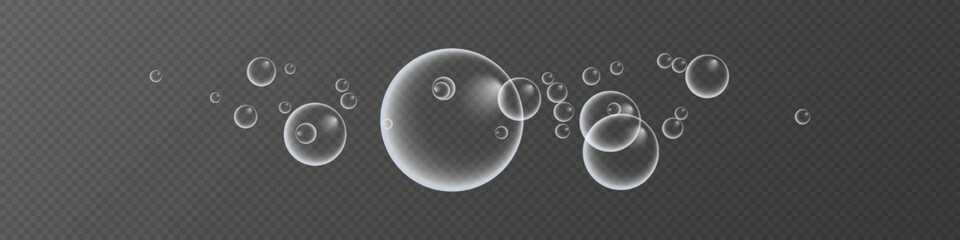 A set of colorful and colorful soap bubbles to create a design. Isolated, transparent, realistic soap bubbles on a transparent background.