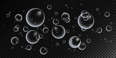 A set of colorful and colorful soap bubbles to create a design. Isolated, transparent, realistic soap bubbles on a transparent background.