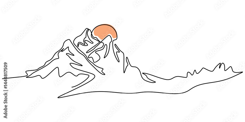 Poster continuous line drawing of sun and mountain range landscape background, rocky peaks in simple linear