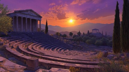 Fototapeta premium An old Greek outdoor theater at sunset. Stone seats curve into a hill. The stage, with marble columns, faces a Greek temple. Purple and orange sky, mountains, and olive trees are in the distance. 