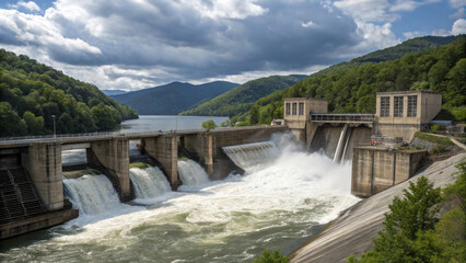 A hydroelectric dam with powerful, flowing water is pictured within a natural setting of green mountains under a bright, cloudy sky
