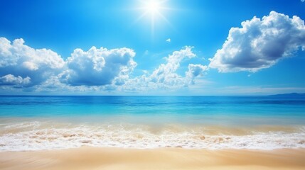 Fototapeta premium Blue sky with clouds above a beach. A bright summer day or sunset over the ocean. 