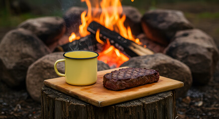 A light yellow enamel camping mug and slice of steak sits on a wooden board, steaming away in front of a roaring campfire