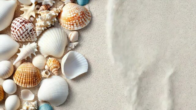 Beach scene with shells and a white background. The shells are scattered around the beach, creating a sense of relaxation and tranquility. The white background adds to the calming atmosphere