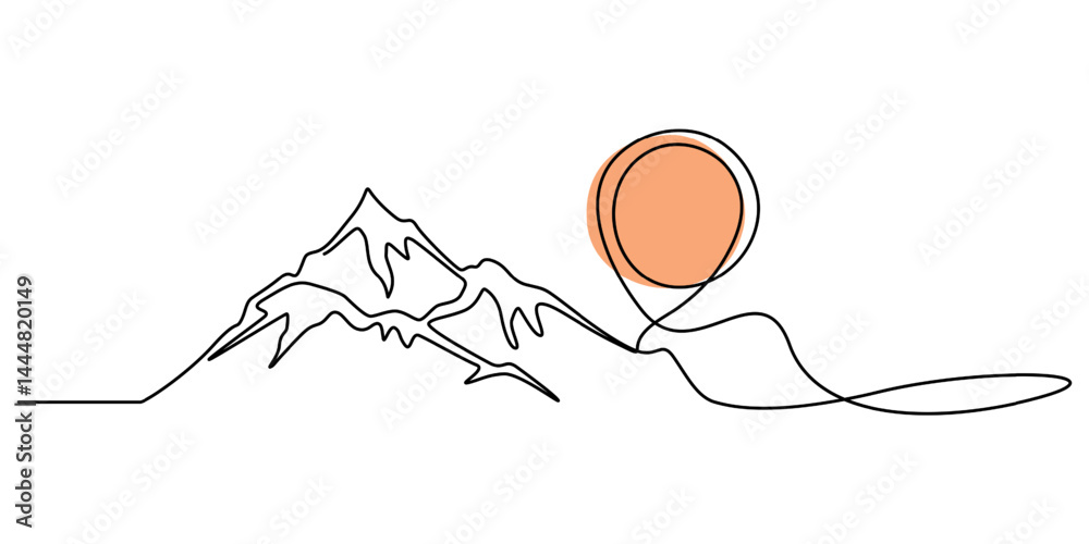 Aufkleber continuous line drawing of sun and mountain range landscape background, rocky peaks in simple linear