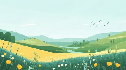 Here's a set of green summer scenes in a simple style. It includes fields on hills, yellow flowers, a blue sky, birds, and a river. Great for backgrounds, art, or decorations.
