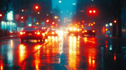 Obraz premium Abstract Urban Nightlife Scene with Blurred Red and Yellow Rain-Soaked Reflections