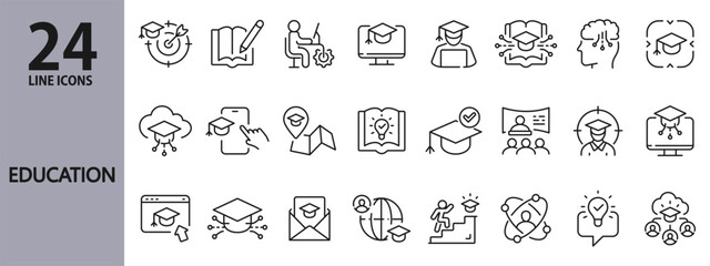 Education line icons set with Learning, E-Learning, Technology, Computer, Virtual, Tutor, Interactive and more. Editable Stroke