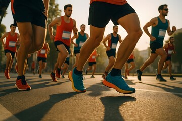 Group of male runners participating in marathon race on city road, athletic endurance and outdoor sports event