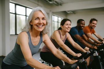 Fototapeta premium Smiling diverse group of adults riding stationary bikes in indoor gym cycling class, fitness and wellness training