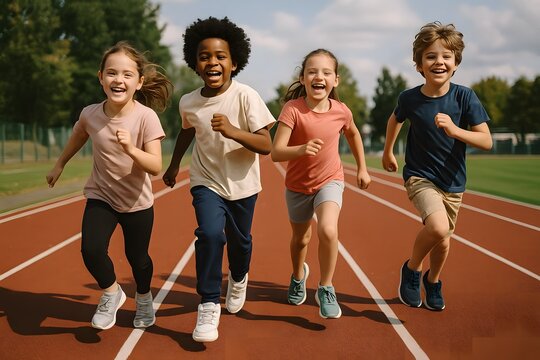 Happy group of diverse children running on outdoor track during sunny day, kids sports and physical activity concept