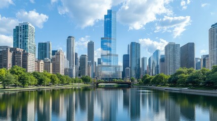 Obraz premium Stunning Cityscape View of Chicago with Modern Skyscrapers and Reflective Water Under a Bright Blue Sky with Fluffy Clouds and Lush Green Trees in the Foreground